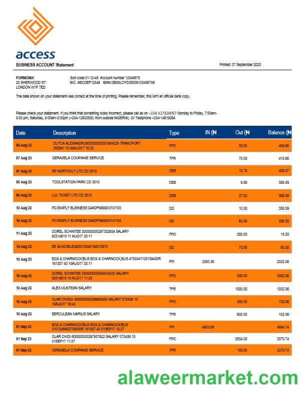 Access Bank company checking account statement Word and PDF template